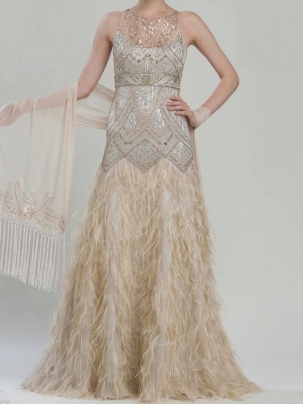 Sue Wong Rare Feather Petal Gown Champagne Silver 2 xs - Picture 4 of 8